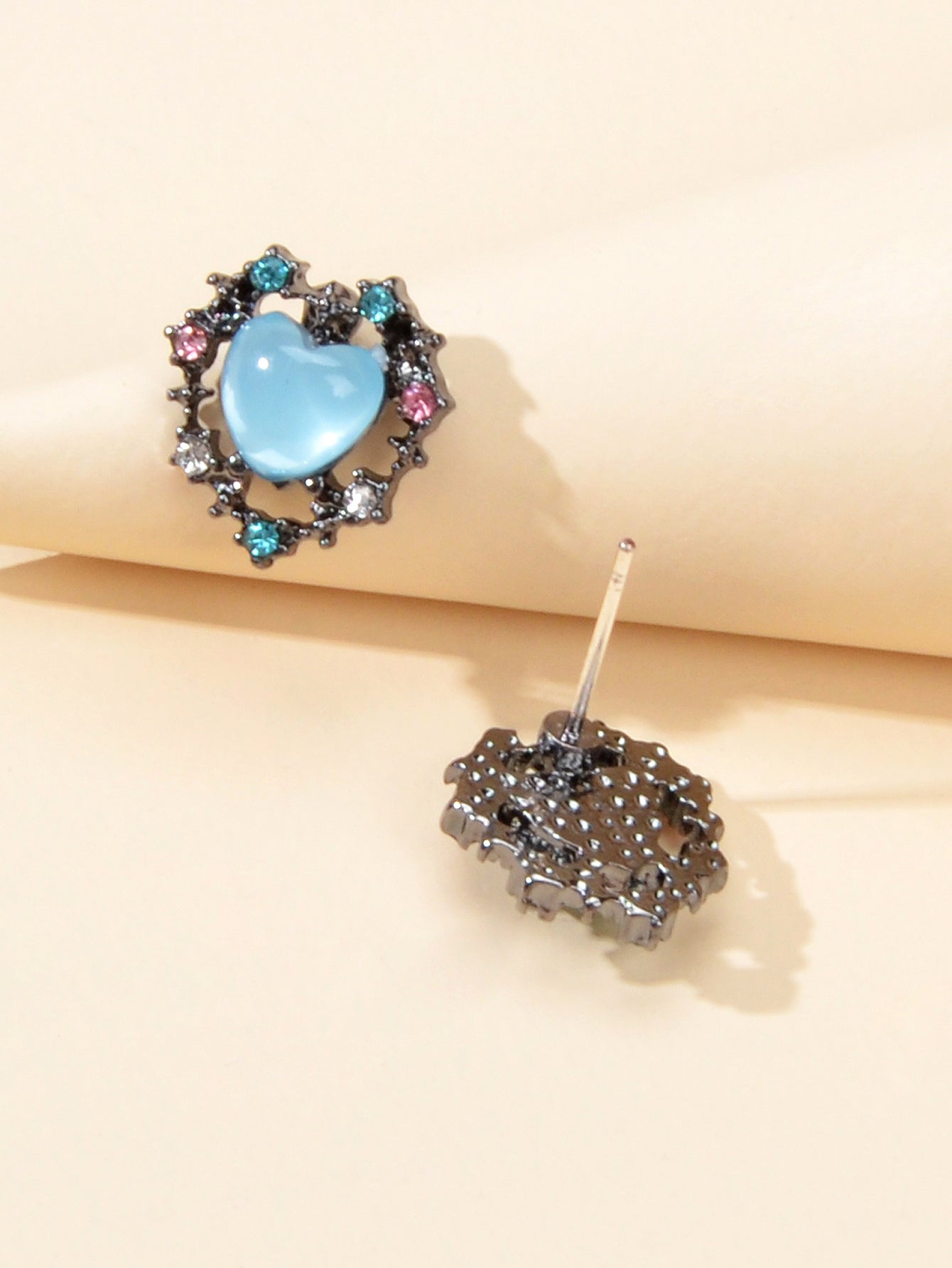 Retro Colorful Rhinestone Blue Opal Heart Love Gift Stud Earrings Female Jewelry-2