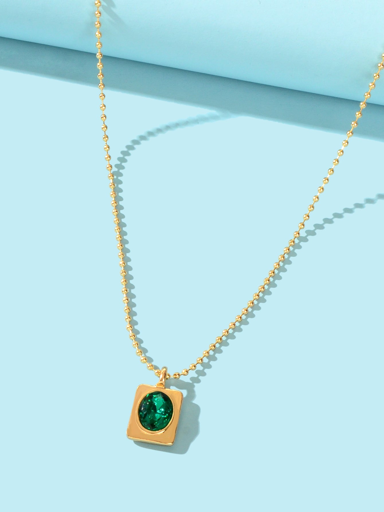 Trendy Gold Popcorn Chain Dainty Green Imitation Gem Square Pendant Necklace-2