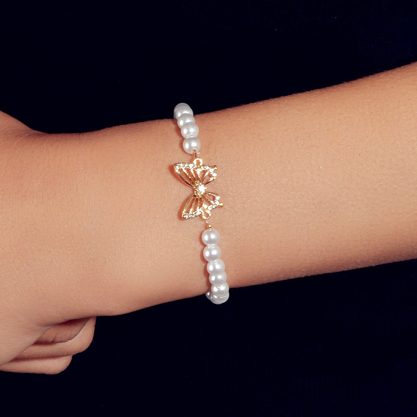 Fashion Jewellery Rhinestone Butterfly Charm Pearl Sliding Adjustable Bracelet-4
