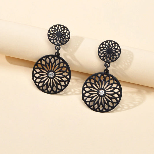 Vintage Jewellery Hollow Out Mandala Black Carved Flower Pattern Round Earrings-0