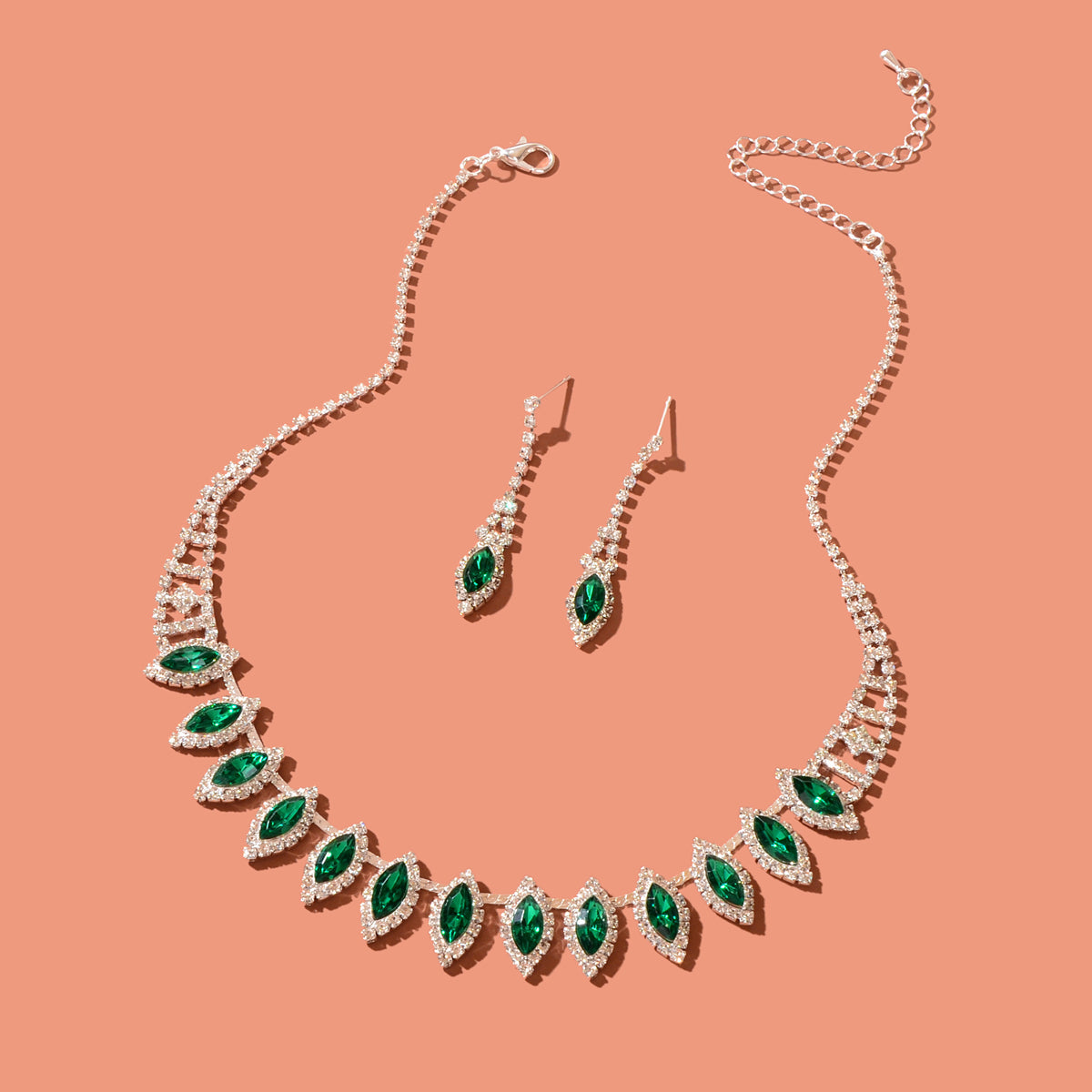 Luxurious Jewellery Set Green Imitation Gemstone Collar Necklace Dangle Earrings-0