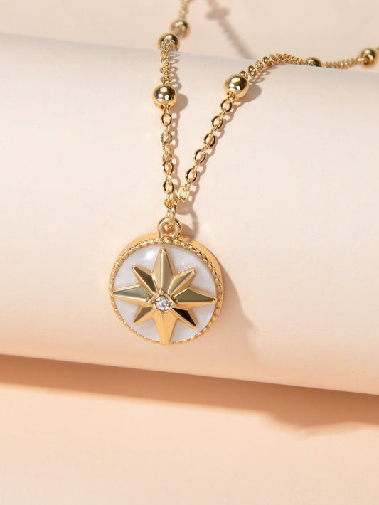 Unique Design Gold Chain Star Pattern Round Pendant Necklace Girl Birthday Gifts-0