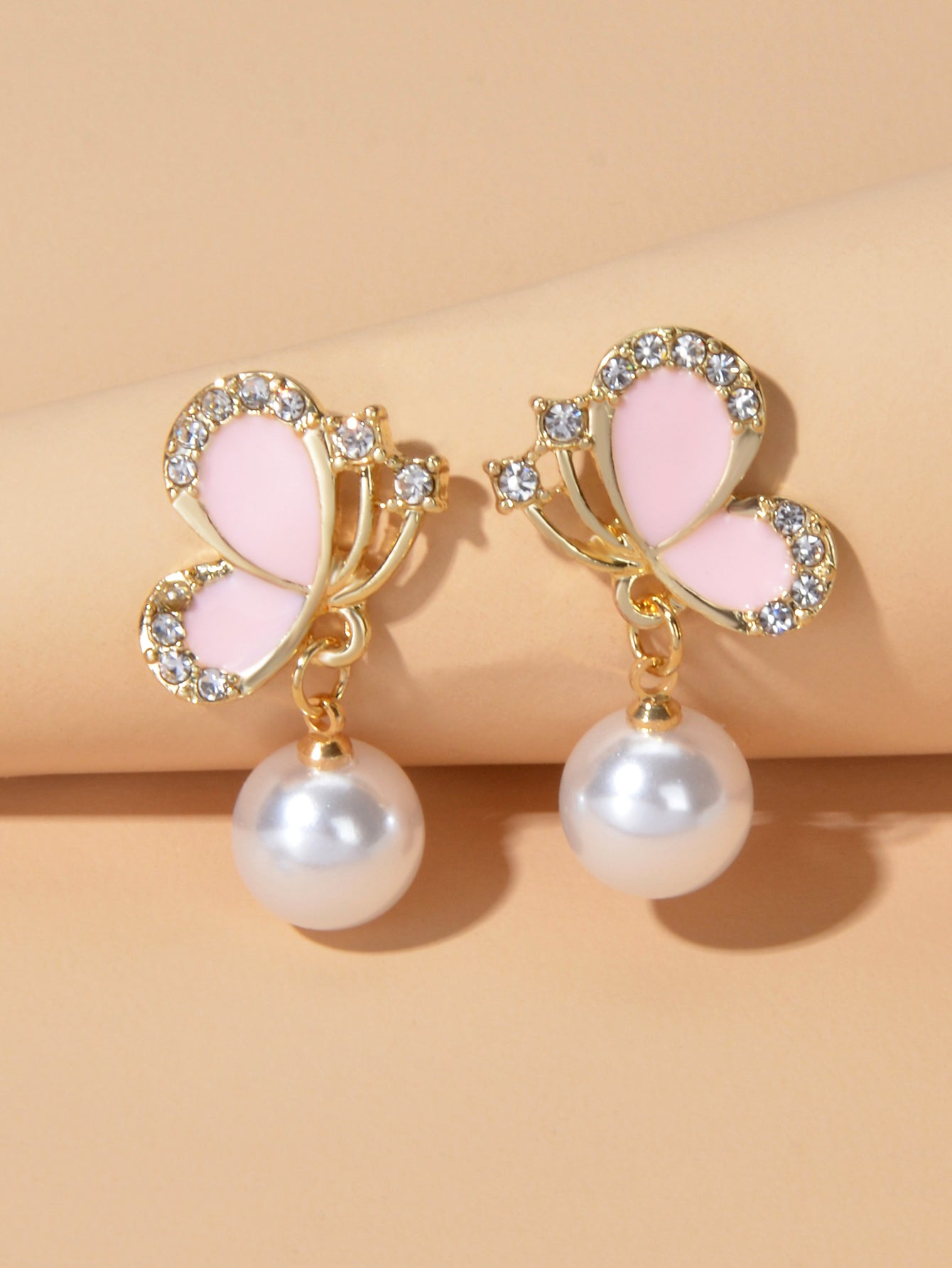Colorful Enamel Rhinestone Pearl Decor Butterfly Drop Earrings Dainty Women Gift-0