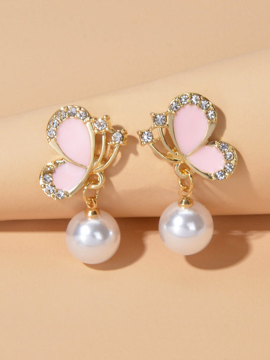 Colorful Enamel Rhinestone Pearl Decor Butterfly Drop Earrings Dainty Women Gift-0