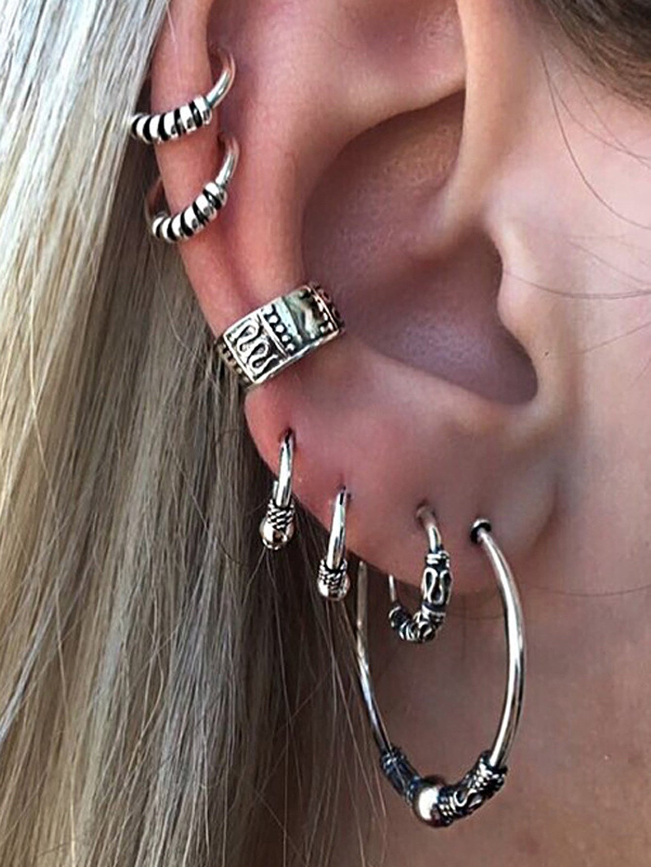 7 pcs Boho Chic Antique Silver Hoop Earrings Set Oxidized Intricate Ear Cuffs-1