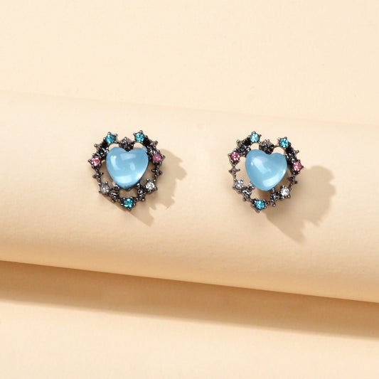 Retro Colorful Rhinestone Blue Opal Heart Love Gift Stud Earrings Female Jewelry-0