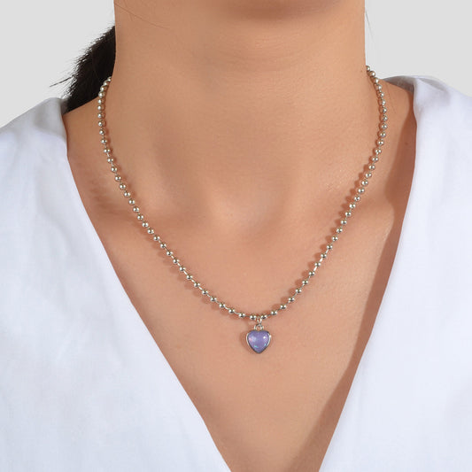 Party Decoration Popcorn Beads Silver Chain Purple Love Heart Charm Necklace-0