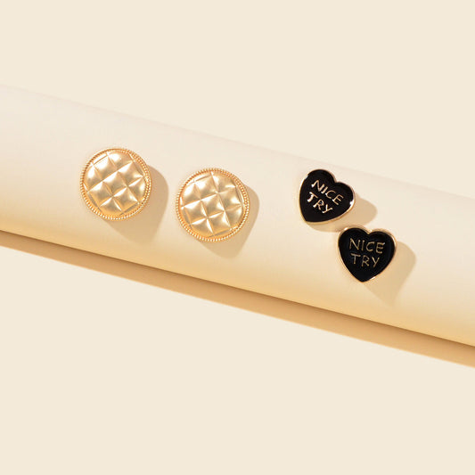 2pairs Retro Accessories Black Enamel Letters Heart Gold Round Stud Earrings Set-0
