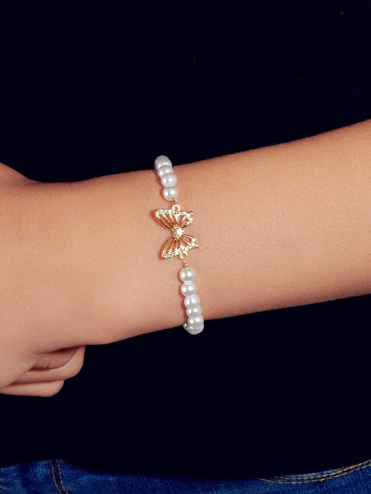 Fashion Jewellery Rhinestone Butterfly Charm Pearl Sliding Adjustable Bracelet-0