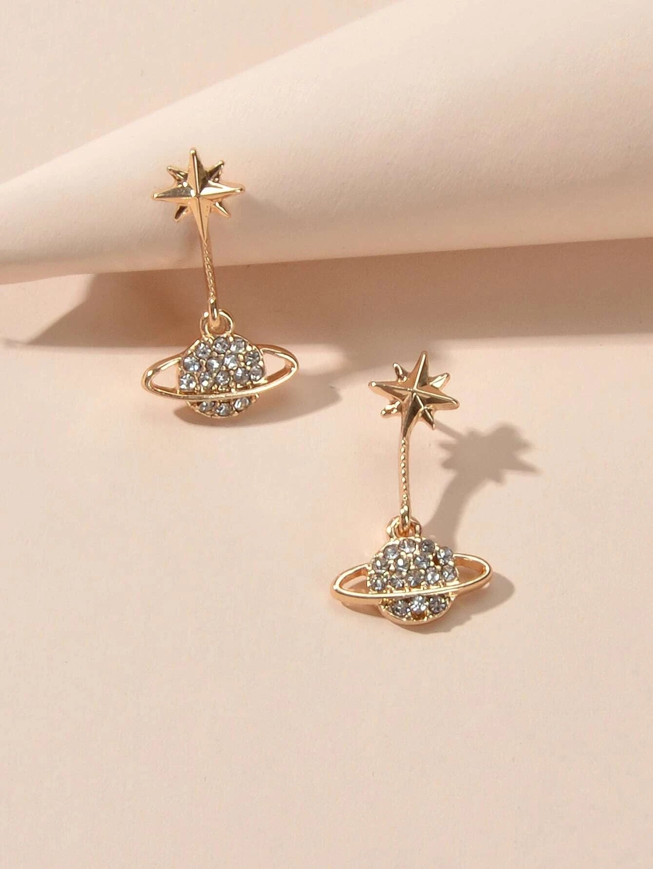 New Designer Rhinestone Gold Silver Planet Star Stud Pierced Earrings Ear Jacket-0