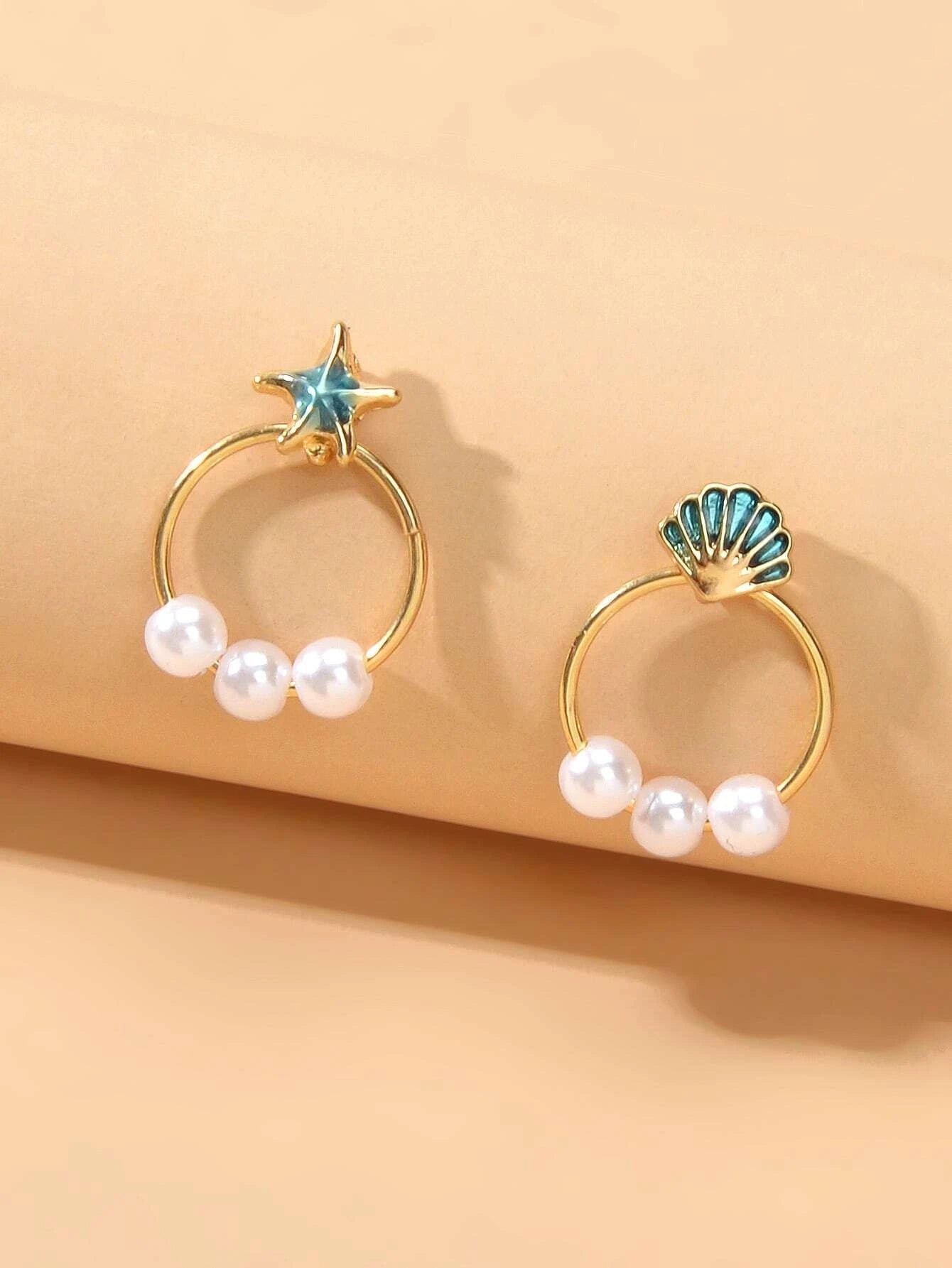 Fashion Jewellery Gold Circle Starfish Shell Asymmetric Stud Earrings Accessory-0