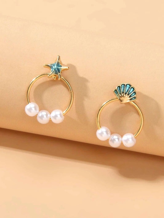 Fashion Jewellery Gold Circle Starfish Shell Asymmetric Stud Earrings Accessory-0
