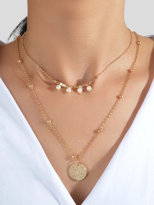 Women Pearl Decoration Gold Double layer Chain Round Pendant Necklace Accessory-0