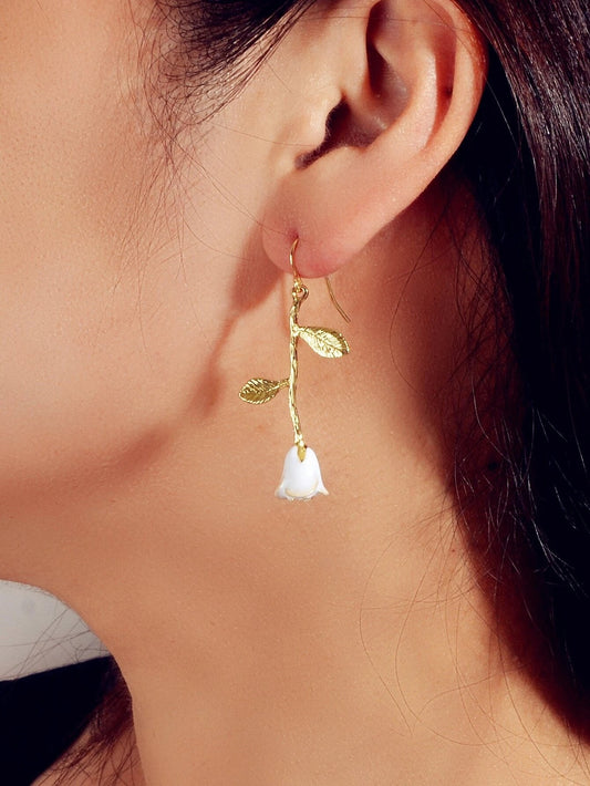 Textured Jewellery White Enamel Flower Gold Drop Earrings Fashion Accessories-0