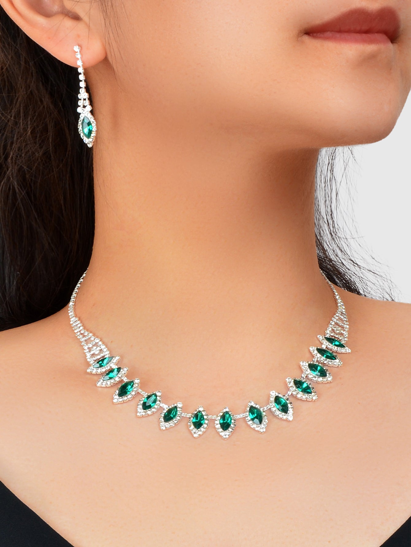 Luxurious Jewellery Set Green Imitation Gemstone Collar Necklace Dangle Earrings-1