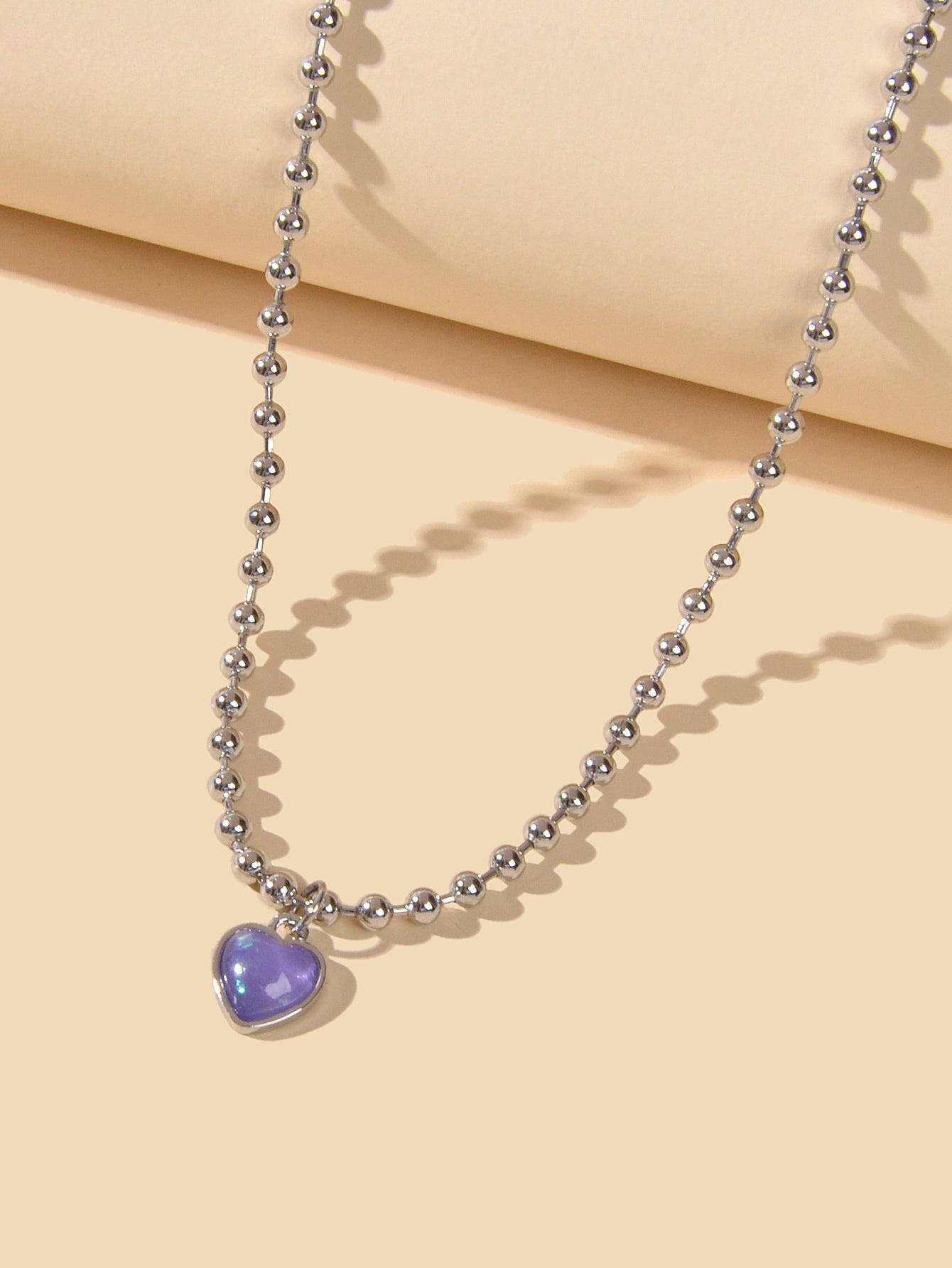 Party Decoration Popcorn Beads Silver Chain Purple Love Heart Charm Necklace-1