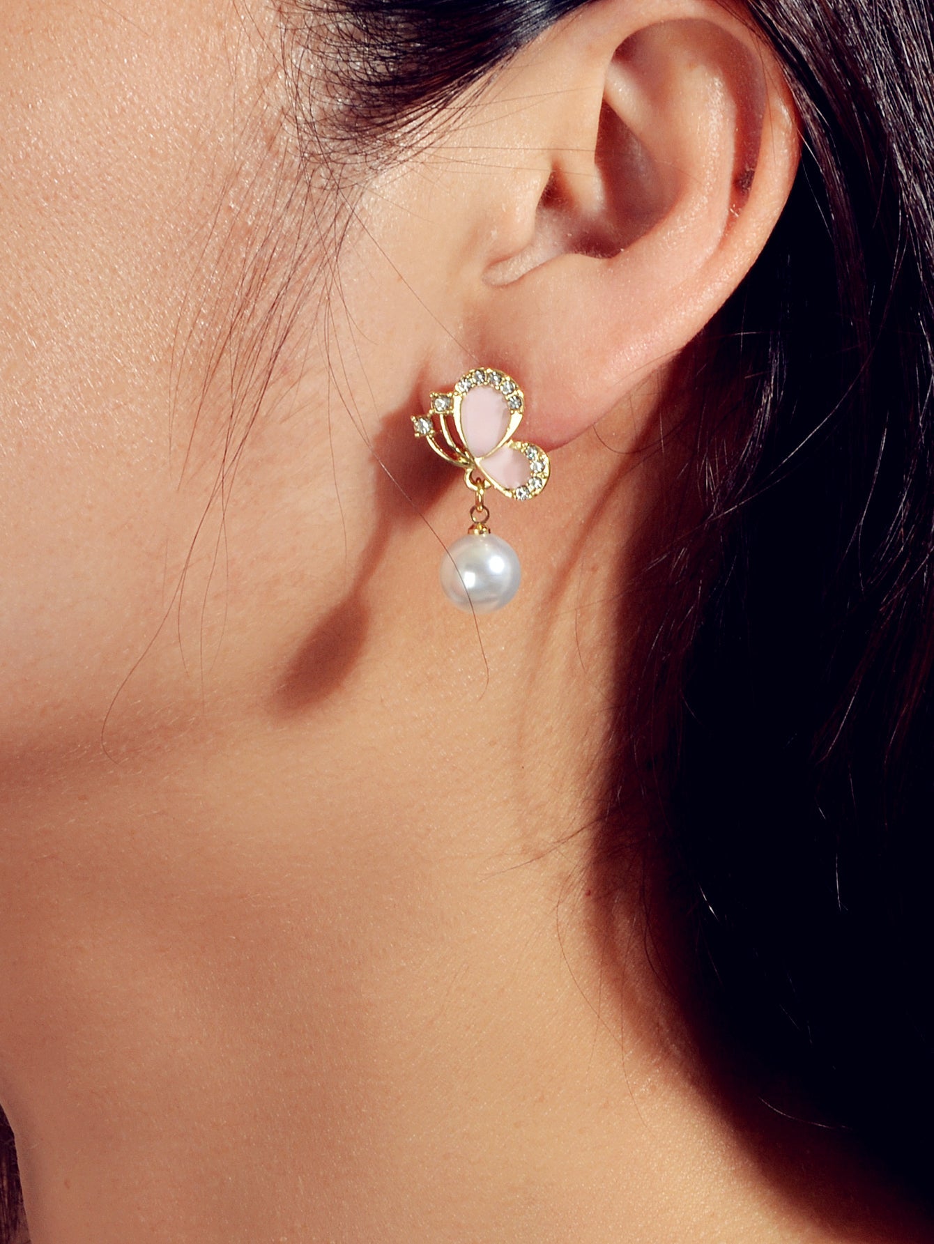 Colorful Enamel Rhinestone Pearl Decor Butterfly Drop Earrings Dainty Women Gift-1