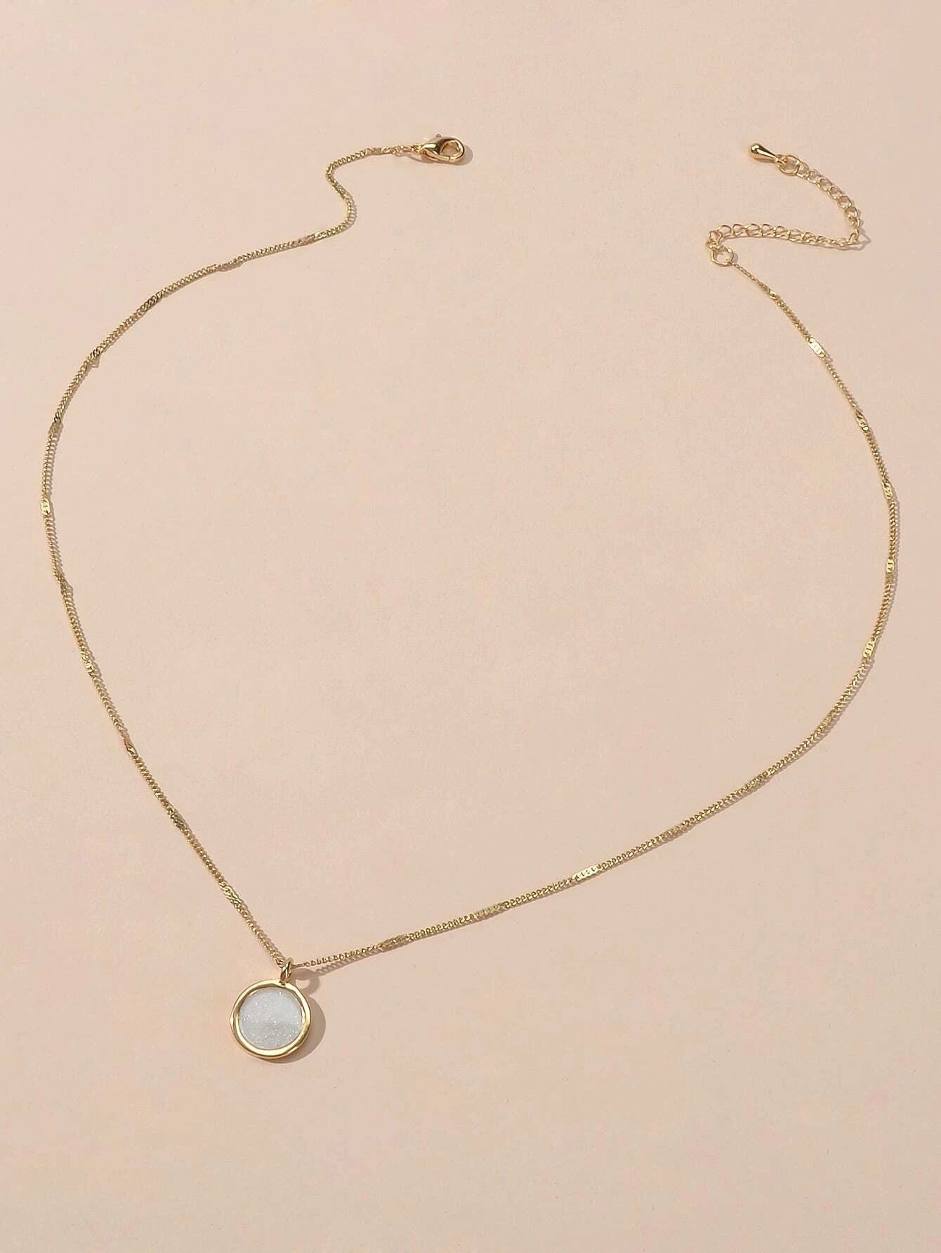 Textured Jewellery Gold Chain White Enamel Round Pendant Necklace Accessories-1