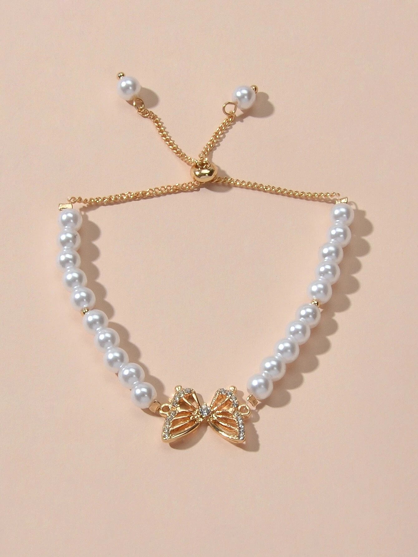 Fashion Jewellery Rhinestone Butterfly Charm Pearl Sliding Adjustable Bracelet-1