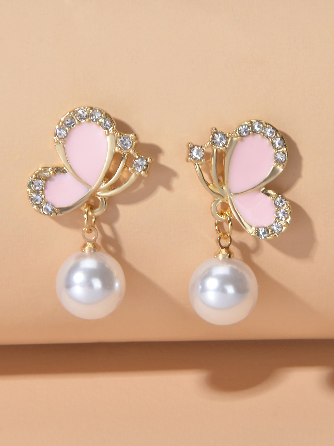 Colorful Enamel Rhinestone Pearl Decor Butterfly Drop Earrings Dainty Women Gift-2
