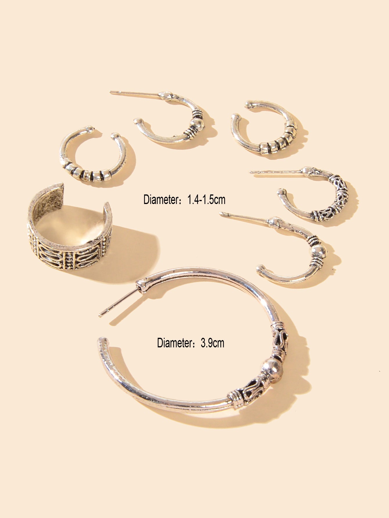 7 pcs Boho Chic Antique Silver Hoop Earrings Set Oxidized Intricate Ear Cuffs-3