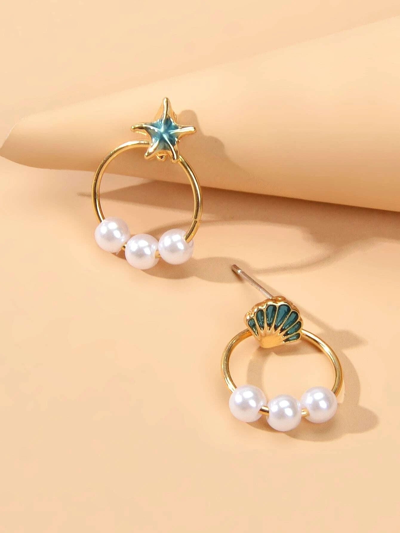 Fashion Jewellery Gold Circle Starfish Shell Asymmetric Stud Earrings Accessory-2