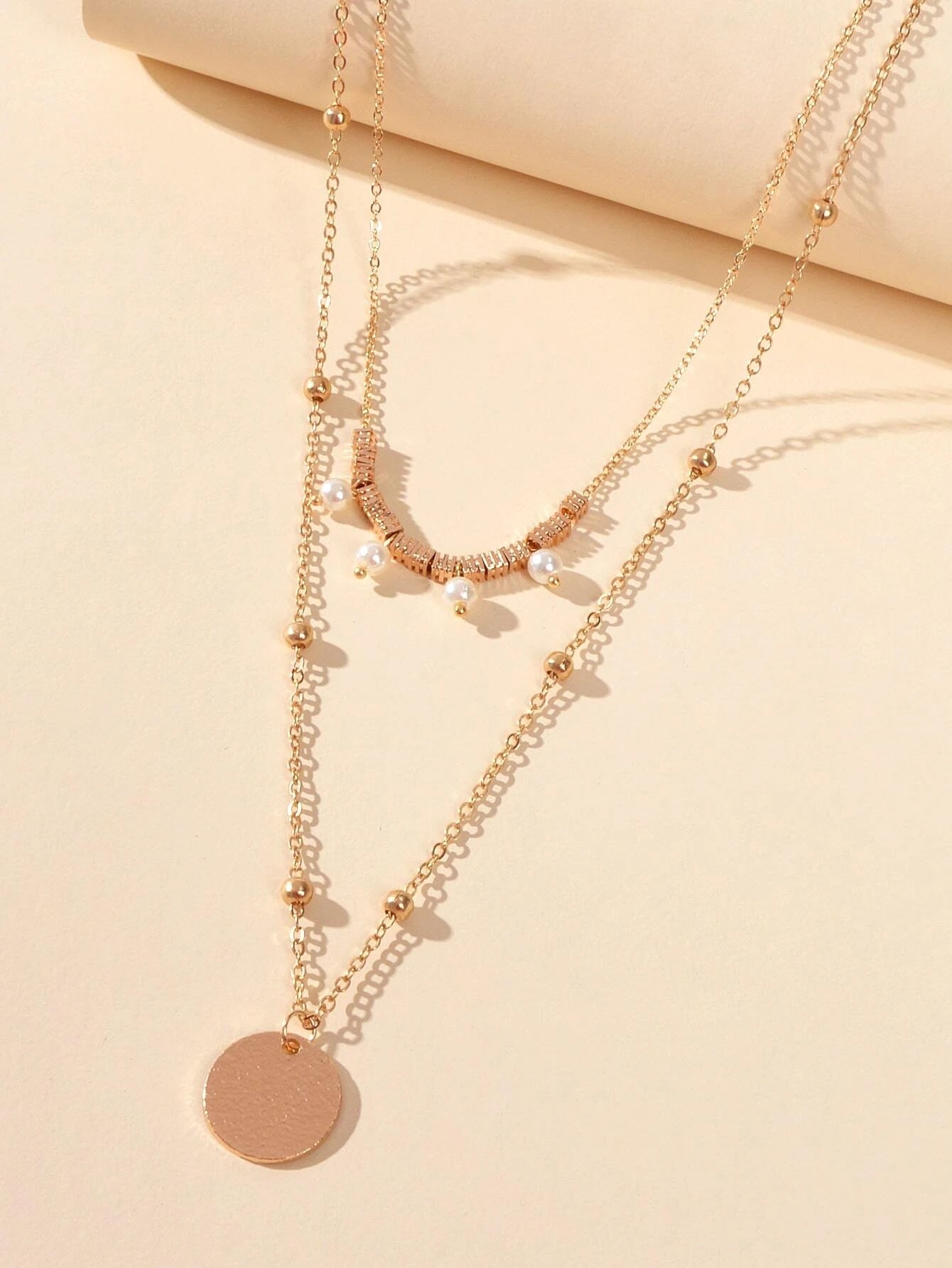 Women Pearl Decoration Gold Double layer Chain Round Pendant Necklace Accessory-2