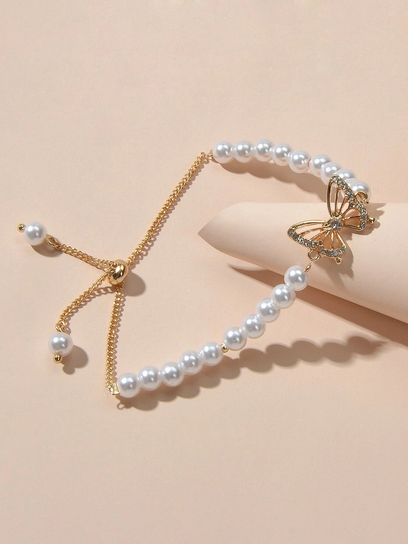 Fashion Jewellery Rhinestone Butterfly Charm Pearl Sliding Adjustable Bracelet-2