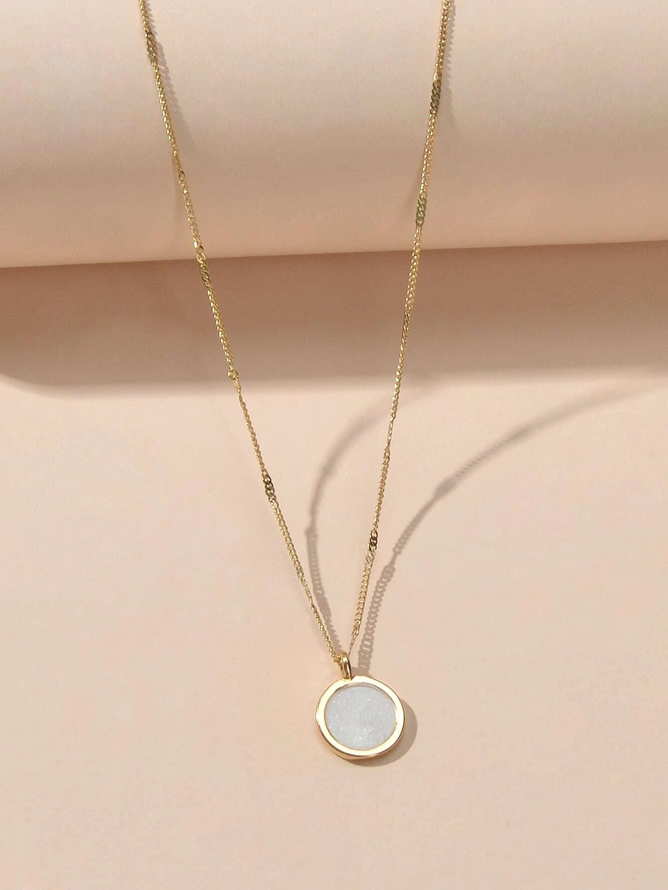 Textured Jewellery Gold Chain White Enamel Round Pendant Necklace Accessories-2