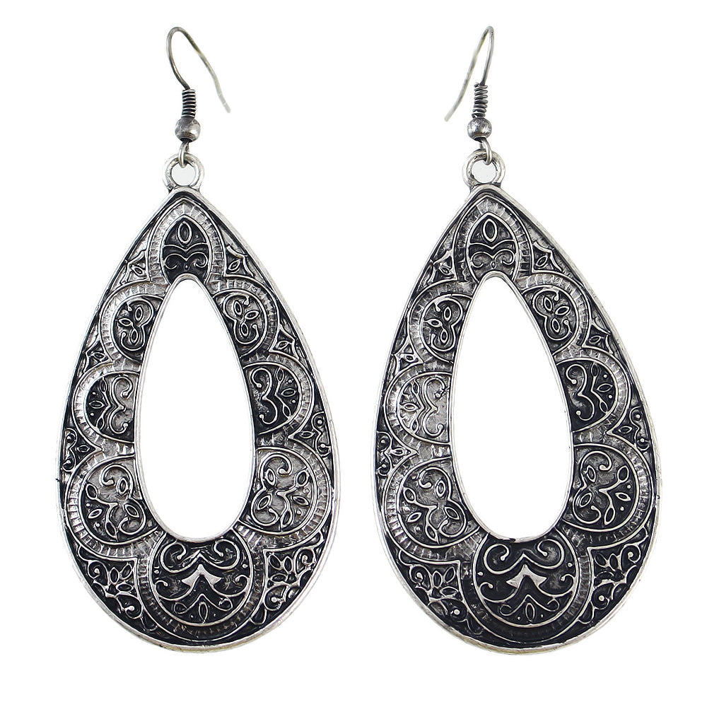 Tribal Ethnic Antique Gold Silver Carved Water Drop Big Earrings Boho Jewellery-5