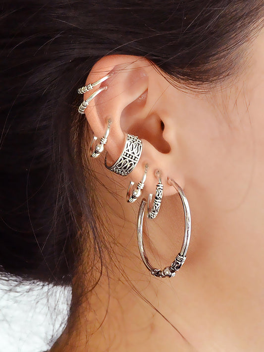 7 pcs Boho Chic Antique Silver Hoop Earrings Set Oxidized Intricate Ear Cuffs-0