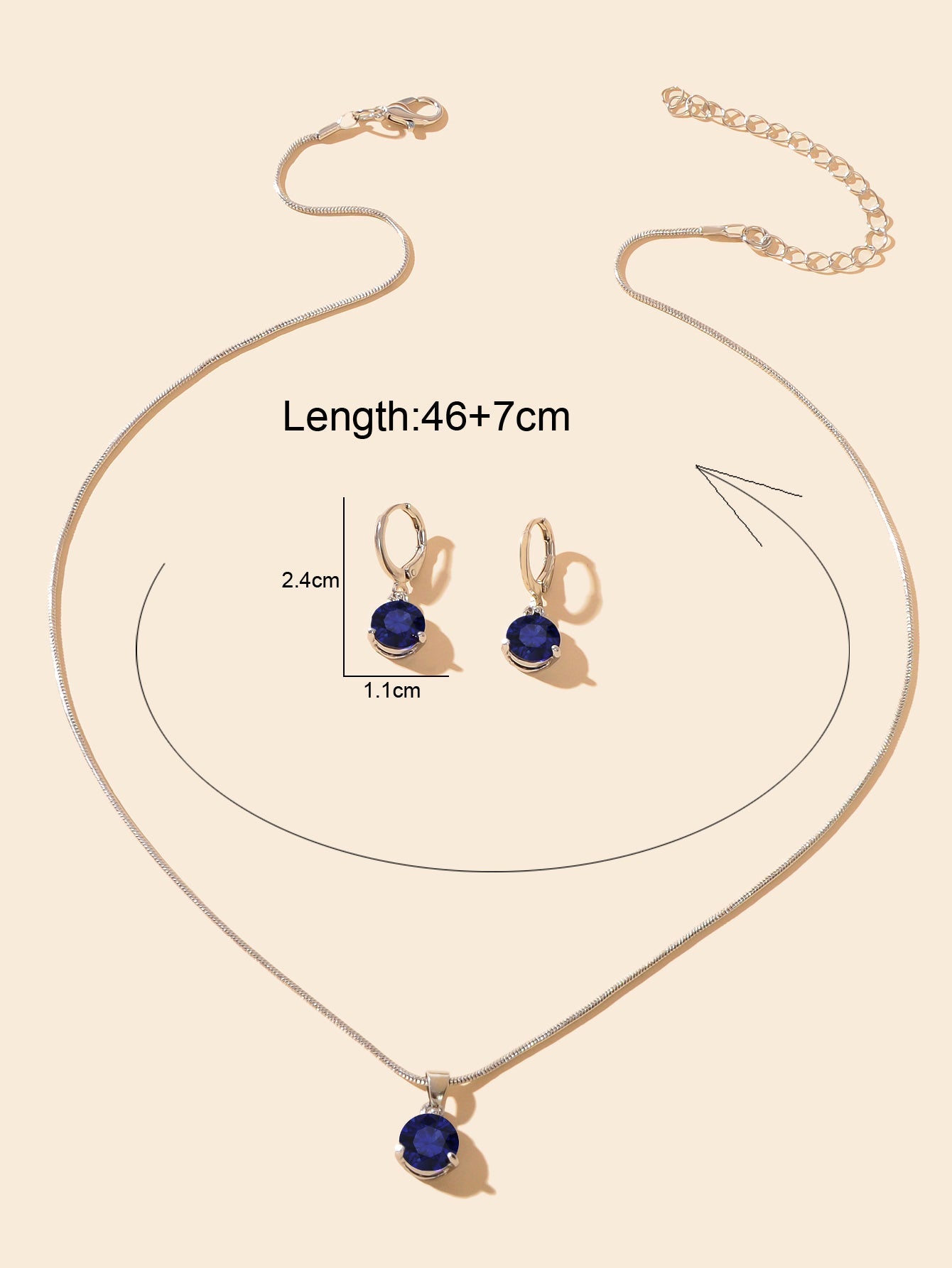 Round Navey Blue Imitation Gem Pendant Necklace Huggie Earrings Jewellery Set-3