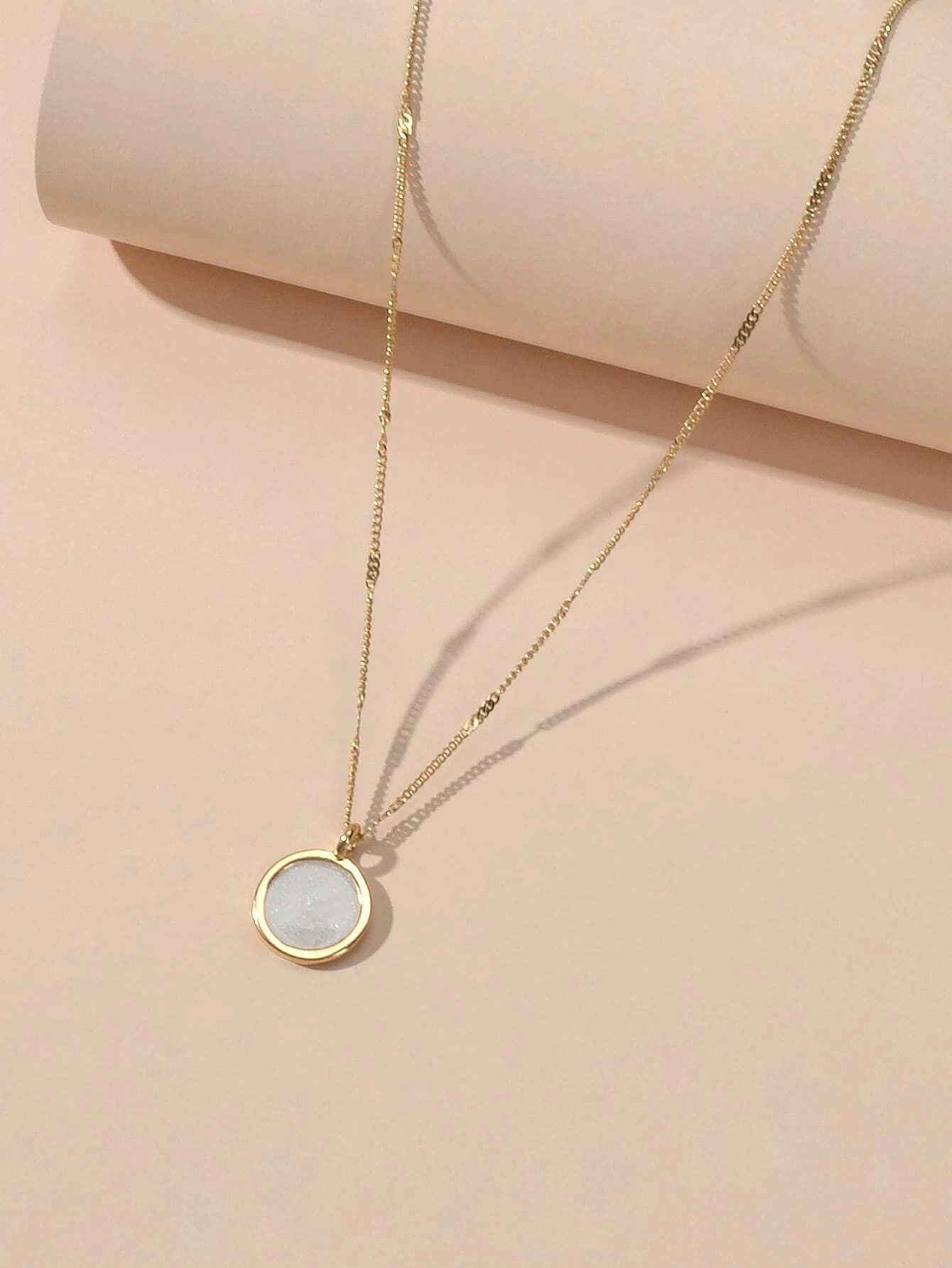 Textured Jewellery Gold Chain White Enamel Round Pendant Necklace Accessories-3