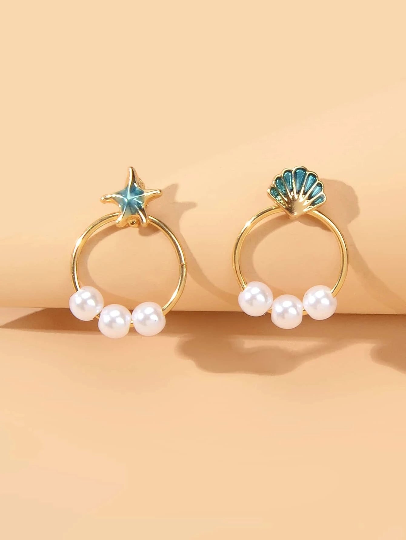 Fashion Jewellery Gold Circle Starfish Shell Asymmetric Stud Earrings Accessory-3