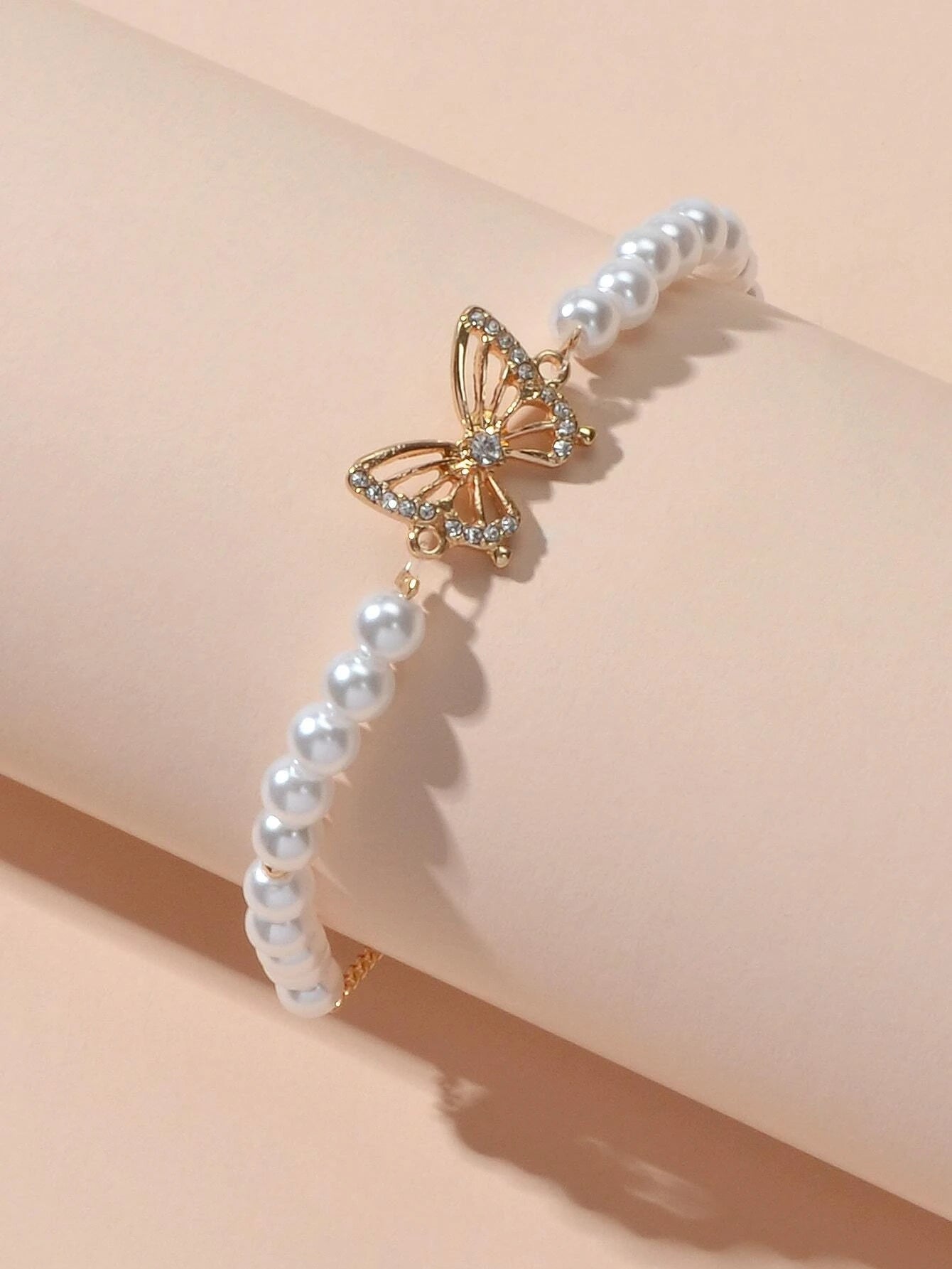Fashion Jewellery Rhinestone Butterfly Charm Pearl Sliding Adjustable Bracelet-3