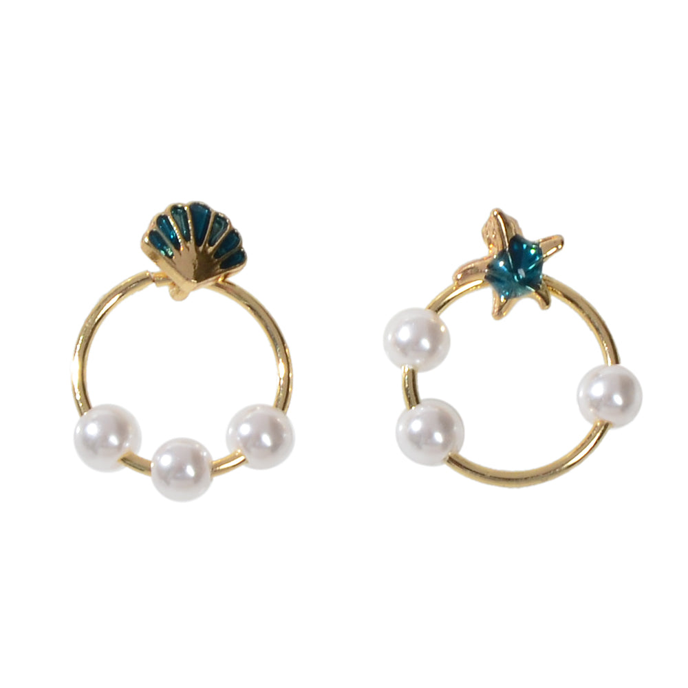 Fashion Jewellery Gold Circle Starfish Shell Asymmetric Stud Earrings Accessory-4