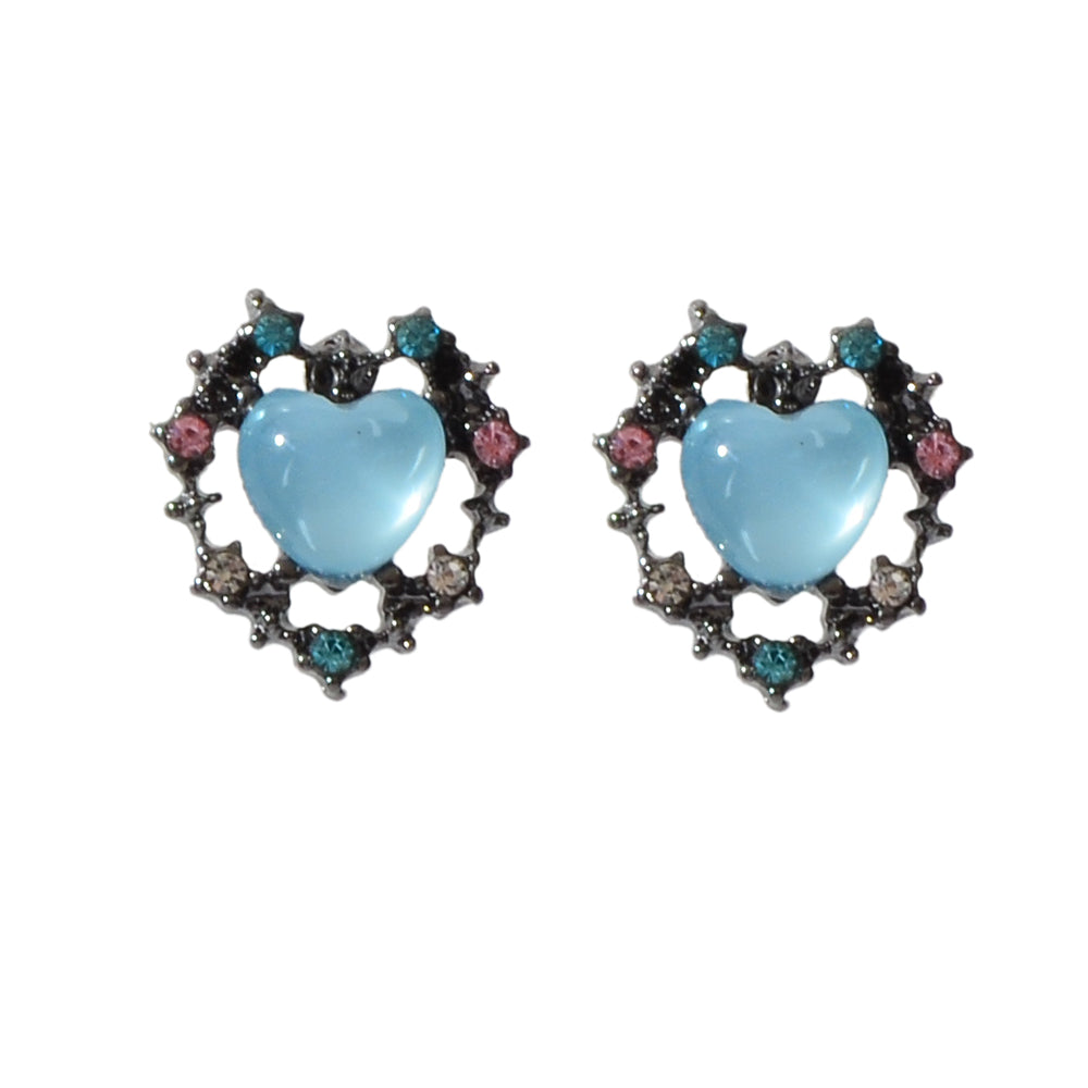 Retro Colorful Rhinestone Blue Opal Heart Love Gift Stud Earrings Female Jewelry-4
