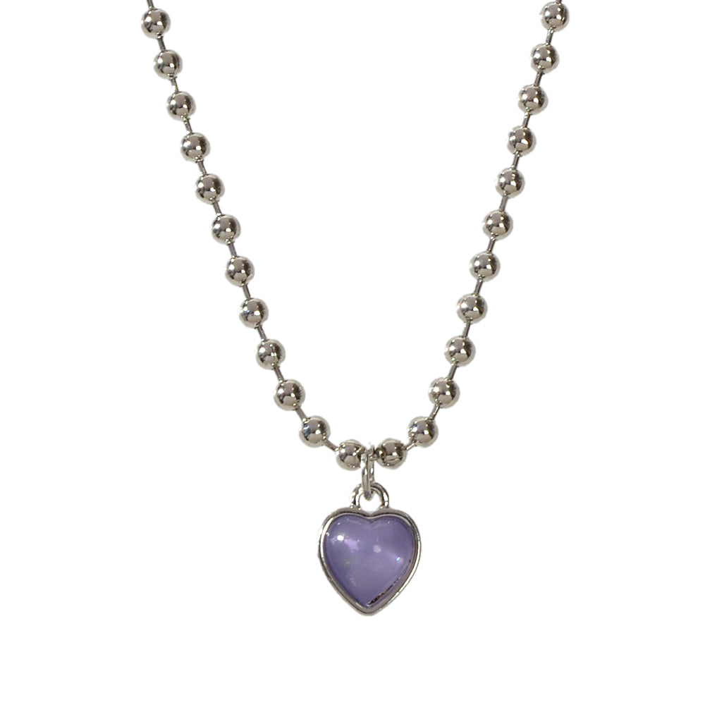 Party Decoration Popcorn Beads Silver Chain Purple Love Heart Charm Necklace-3