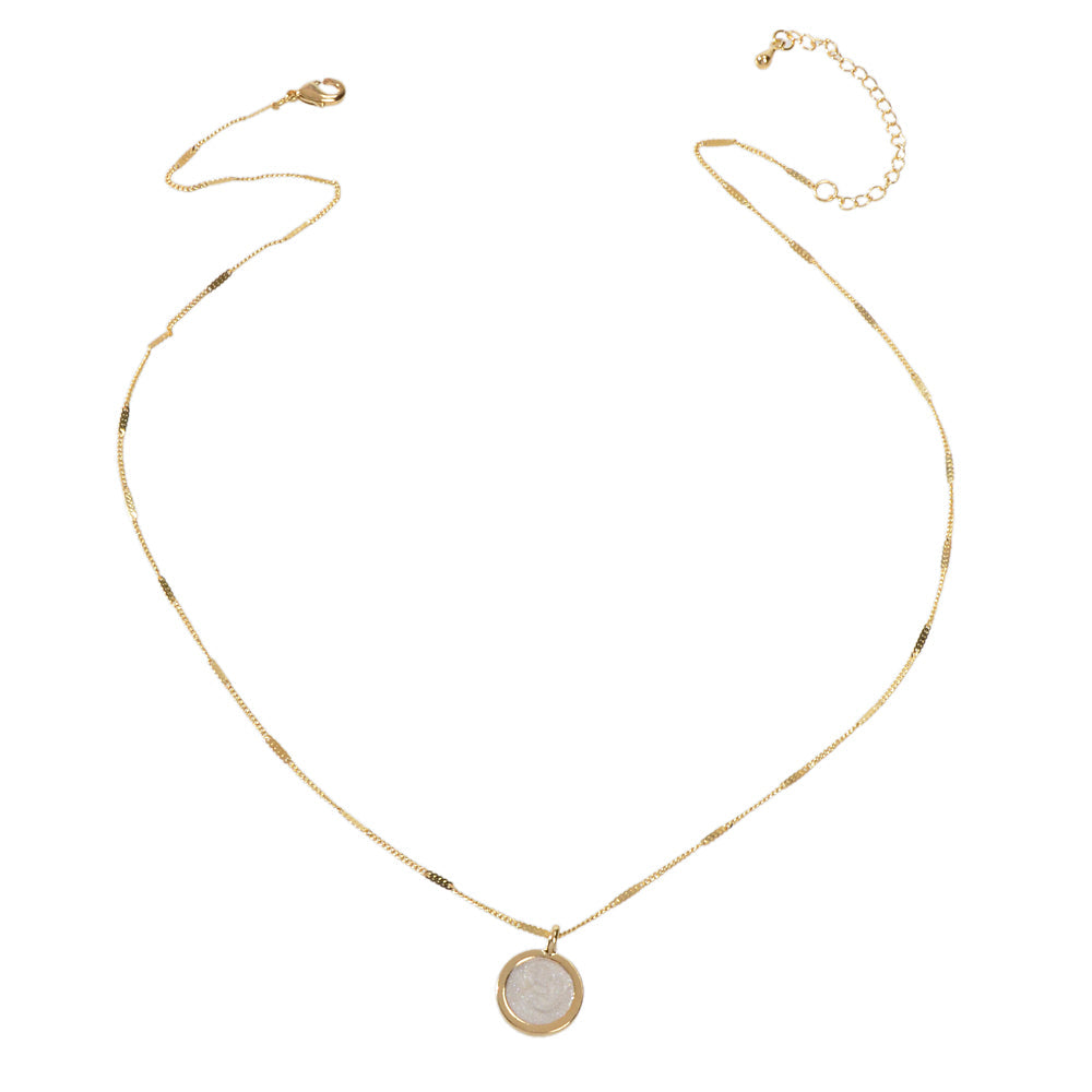 Textured Jewellery Gold Chain White Enamel Round Pendant Necklace Accessories-4