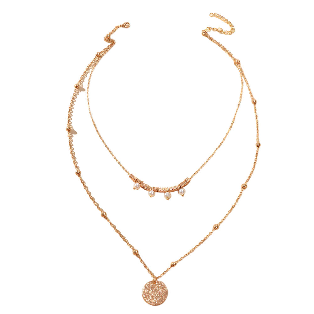 Women Pearl Decoration Gold Double layer Chain Round Pendant Necklace Accessory-3